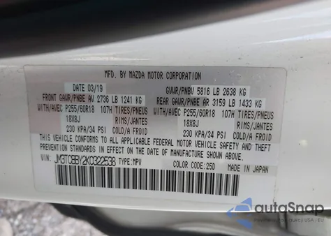 2019 Mazda Cx-9 Sport из США, поврежденный, VIN JM3TCBBY2K0322538